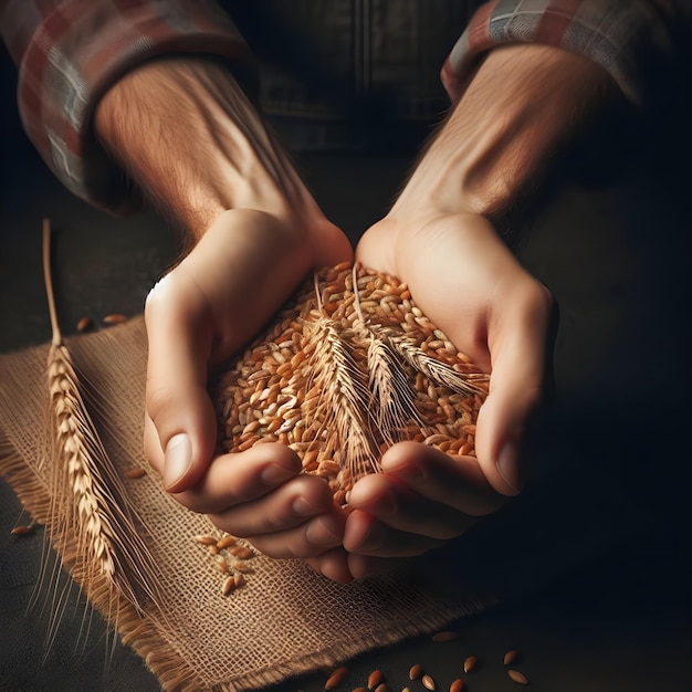 Photo farmer cradling a handful of wheat grains during harvest season
