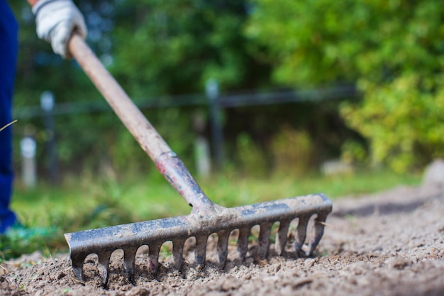 Farmer cultivating land in the garden with hand tools soil\
loosening gardening concept agricultural work on the\
plantation