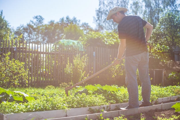 Foto agricoltore che coltiva la terra in giardino con utensili a mano allentamento del suolo concetto di giardinaggio lavoro agricolo sulla piantagione