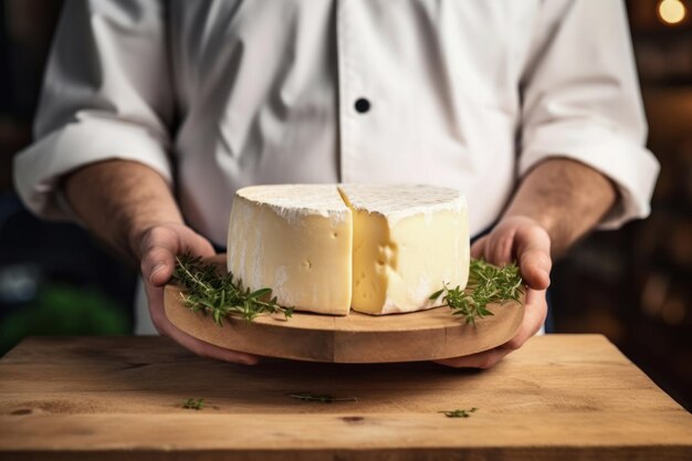Foto un contadino mostra un pezzo di formaggio fatto con le proprie mani produzione di formaggio fatto in casa in una fattoria prodotto naturale primo piano concetto di agricoltura