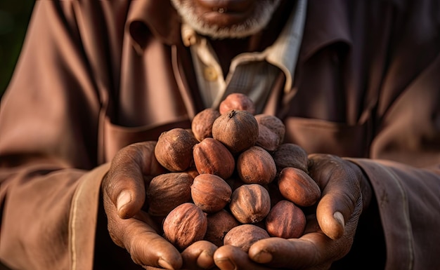 A farmer displays harvested nutmeg a spice used in cosmetics and health products