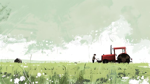 農夫が緑豊かな畑を赤いトラクターで走っています遠くから小さな農場が見えます