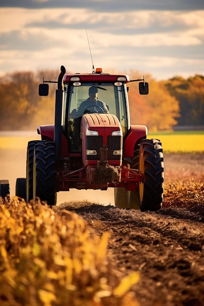 Фермер водит трактор по полю желтой пшеницы