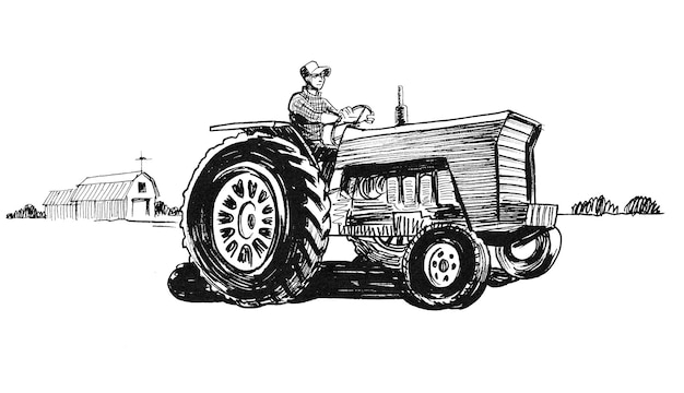 Photo farmer driving retro tractor. ink black and white drawing