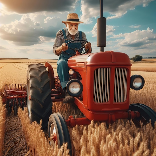 Foto un contadino che guida un trattore in un campo