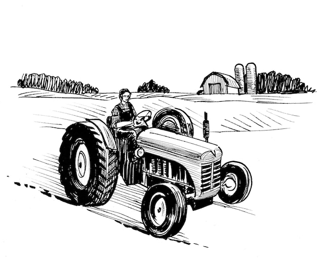 Farmer driving vintage tractor. Ink black and white drawing