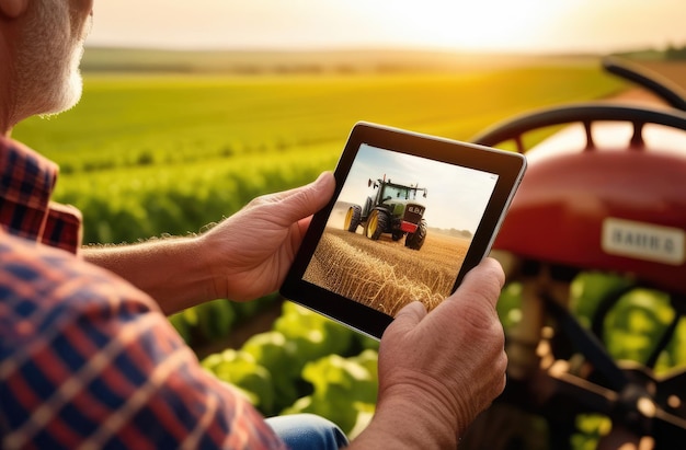 farmer efficiently manages tractor operations with advanced technology on tablet closeup on hands