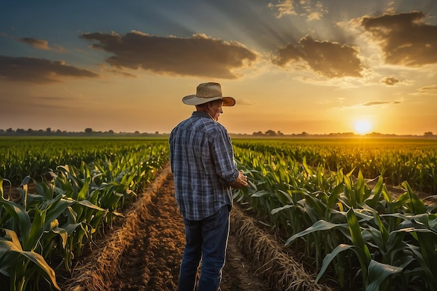 Farmer enjoying the sunset over a cornfield reflecting on sustainable agriculture and health foods with ample copy space for advertising