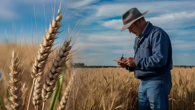 Farmer examines the field agronomist or farmer examines the growth of wheat