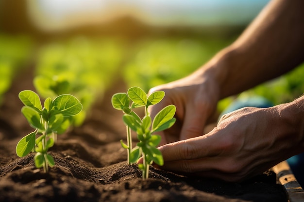 Farmer Examining Soybean Seedlings in Closeup Generative By Ai