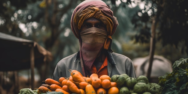 Фермер в маске стоит перед кучей овощей в ярком портретном снимке
