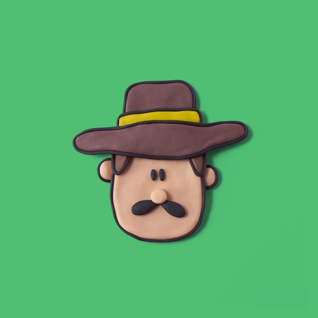 사진 격리된 녹색 배경을 가진 플라스틱으로 만든 모자를 쓴 농부 얼굴