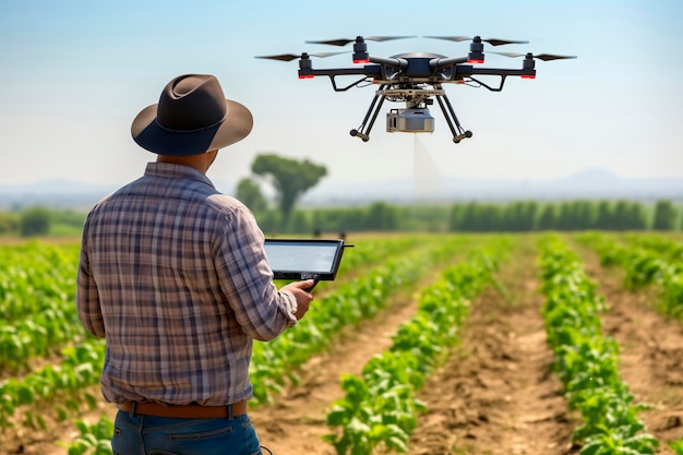 Photo farmer in a field flying an agricultural drone spraying pesticides