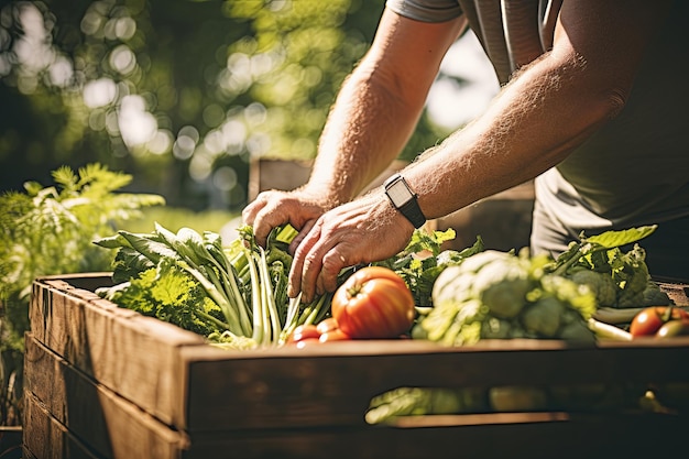 Farmer in field holding basket of healthy organic vegetables or carrying a crate of freshly harvested vegetables in the garden