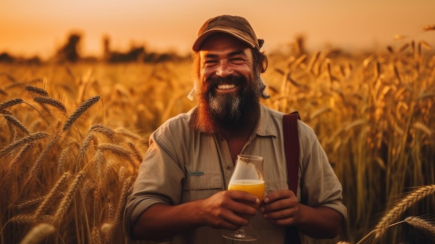 Farmer in the field holding beer