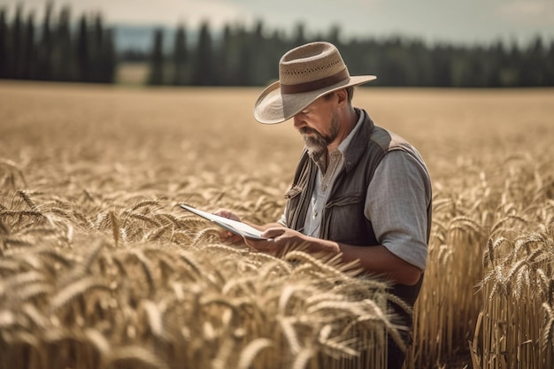 A farmer in a field of wheat looking at a map.