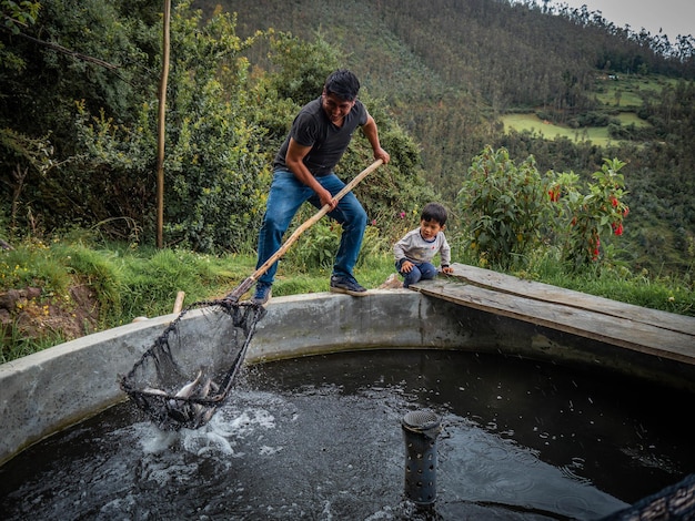 Farmer fishing for trout in a fish farm