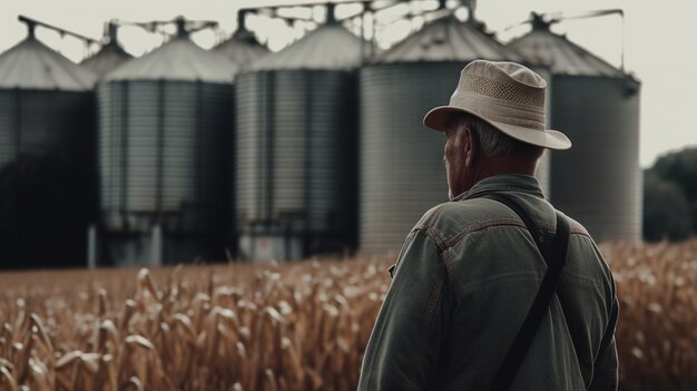 Photo a farmer from the back looking at his plantation