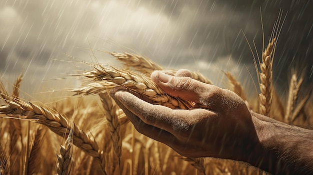 Farmer Grasping Wheat in Rainfall