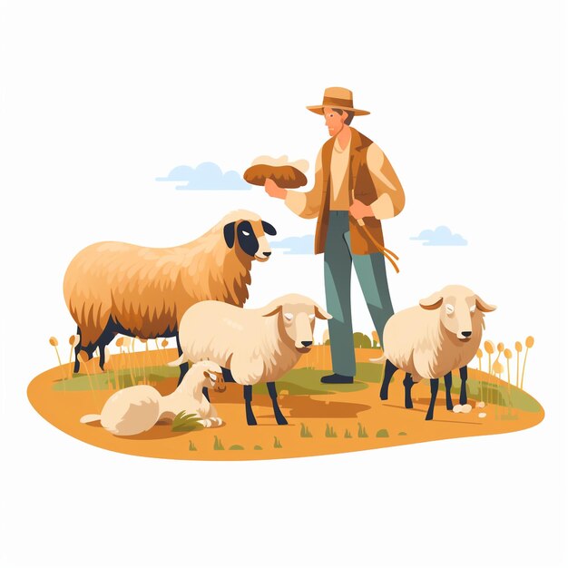 Фото Фермер пасет домашних овец с овчаркой