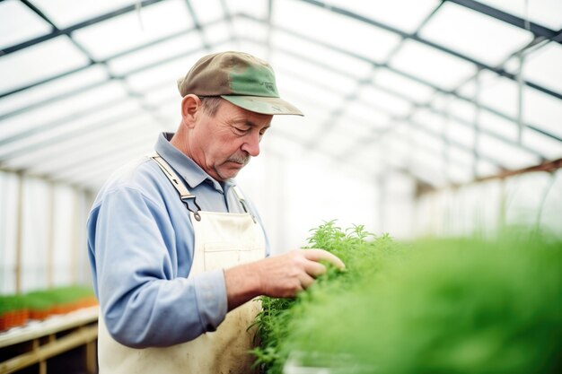 Farmer in a greenhouse clipping herbs for market sale