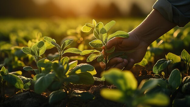 夕暮れの畑で若い緑色の大豆の苗を握る農夫の手