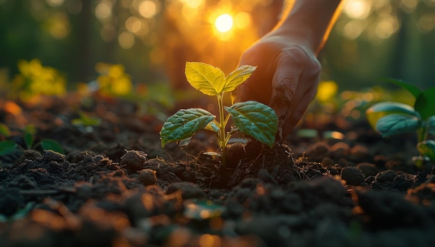 Farmer hand planting the seedlings in the soil