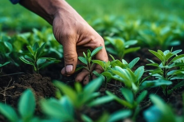 Farmer hand touching plants crop at farm ai generative