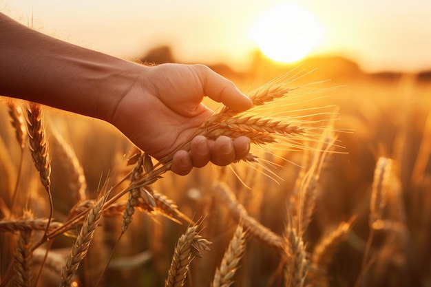 Рука фермера касается колосков пшеницы на поле на закате крупным планом Рука рабочего берет колосья пшеницы на закате крупным планом Сгенерировано AI