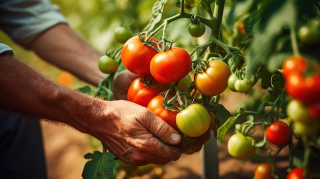 Foto un contadino, con le mani polverizzate di terra, esamina attentamente i pomodori sulla vite per assicurarsi che siano pronti per il raccolto