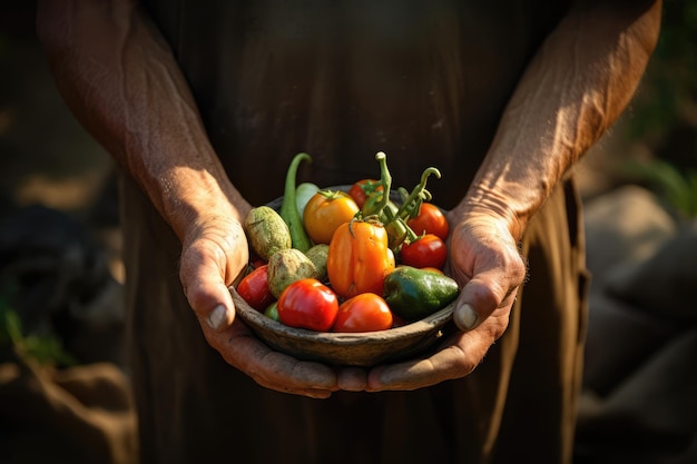 Farmer hands holding fresh vegetables and fruits