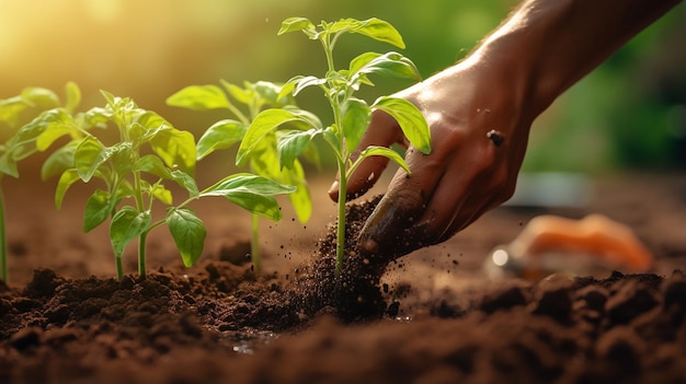 Farmer hands planting to soil tomato seeding