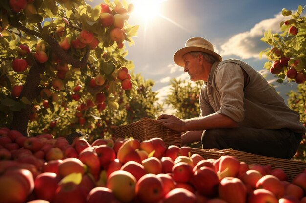 a farmer harvesting apples in a sunny orchard octa 00097 00