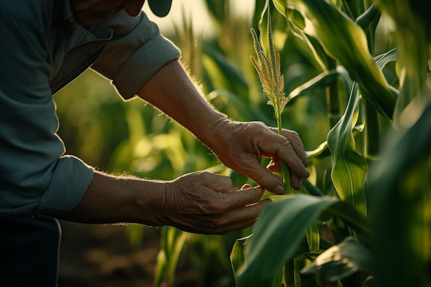 Фермер собирает кукурузу в кукурузном поле на фоне стиля боке