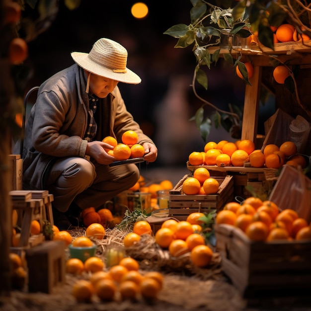 Фермер во время сбора апельсинов