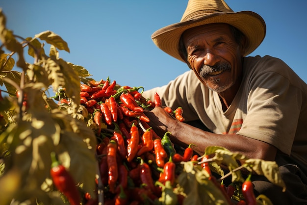 農夫が赤い熱いチリピッパーを収しプランテーションでスパイスを摘み畑で野菜を栽培しています