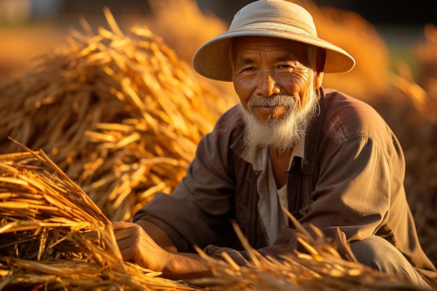 Farmer harvesting rice in a field plants in golden color at sunset work on the plantation in Asia