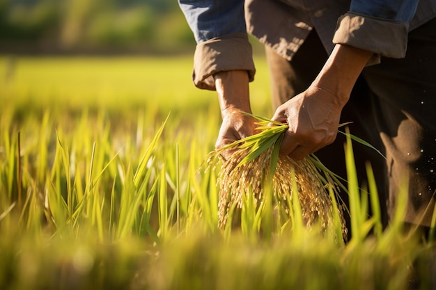 farmer harvesting rice in the rice field bokeh style background