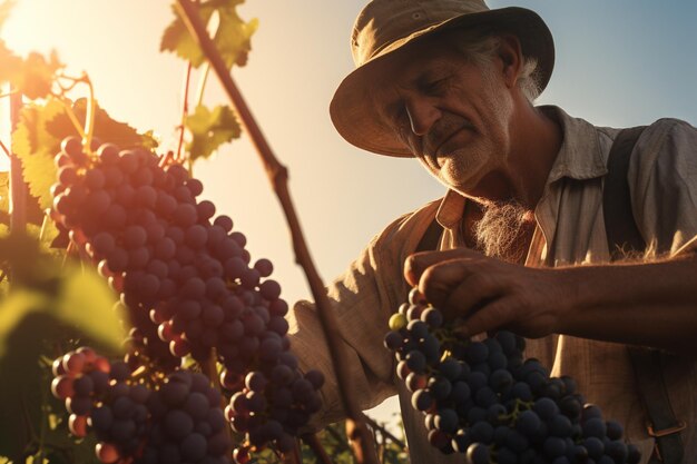 A farmer harvesting ripe grapes in a sunny vineyar 00105 00