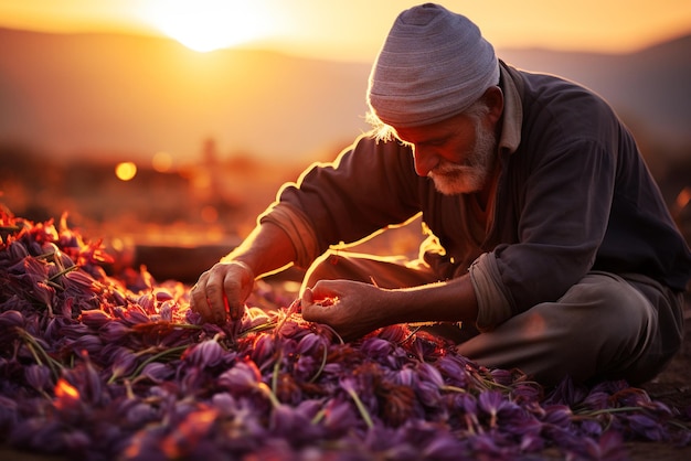 Farmer harvesting saffron flowers picking spice on the plantation work on the agricultural farmland