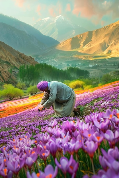 美しい畑でサフランの花を収する農夫