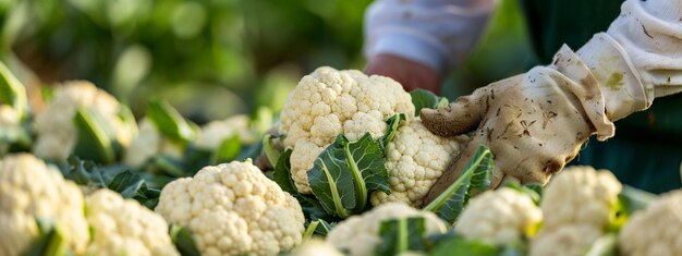 Photo farmer harvests cauliflower closeup