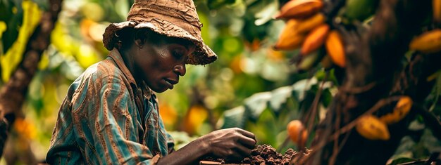 A farmer harvests cocoa Selective focus