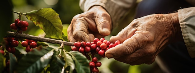 Farmer harvests the coffee crop on the plantation Created with Generative AI technology