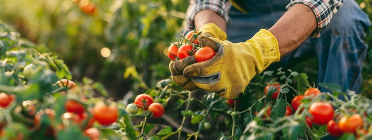 Photo a farmer harvests tomatoes closeup