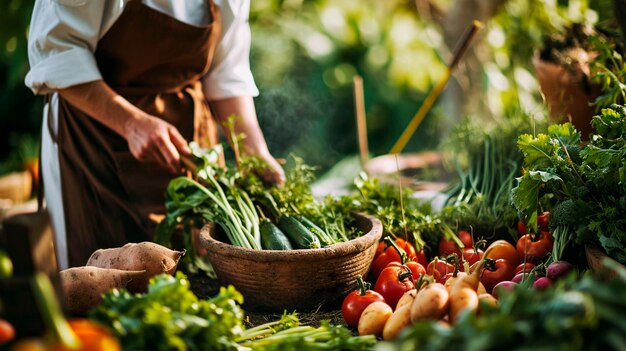 農夫が庭で野菜を収する 選択的な焦点