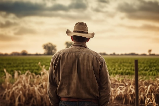 Farmer in a hat looking at a field with crops from behind