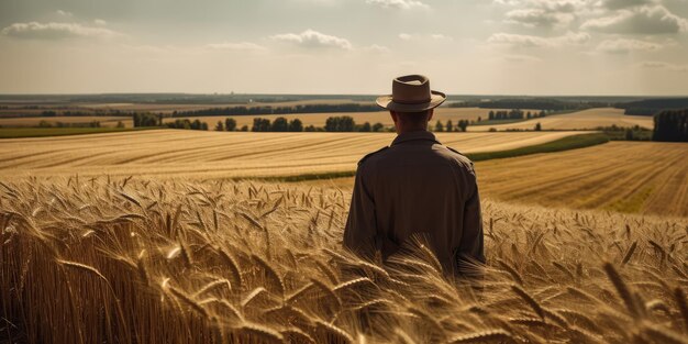 Farmer in a hat standing in the ears of corn his back to camera Man enjoying the beautiful agricultural landscape Generative AI