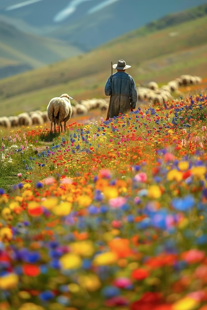 A farmer herding sheep through a field of colorful wildflowers