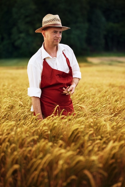 Foto contadino al suo campo di grano maturo